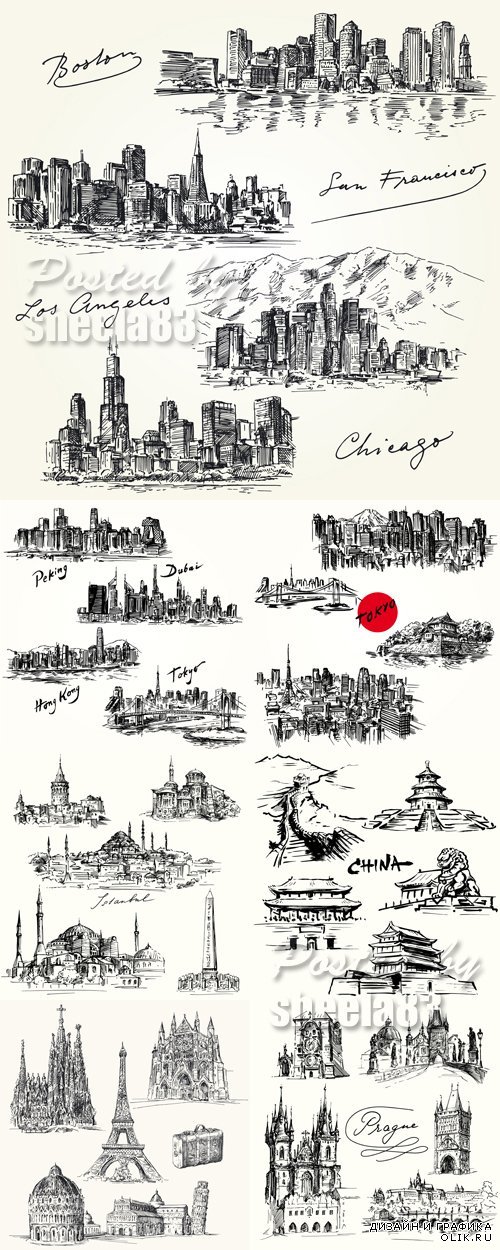 Hand Drawn Cities Icons Vector