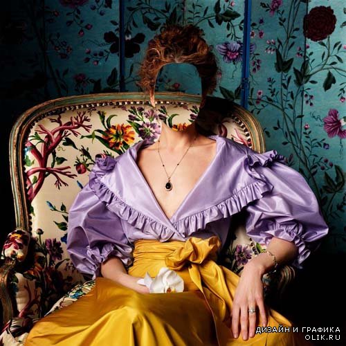  Шаблон для фотошопа - Женщина в кресле в платье 