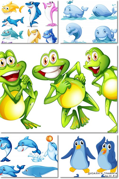 Aquatic animals: smiling frogs, blue whales & penguins, dolphins, sharks - Vector