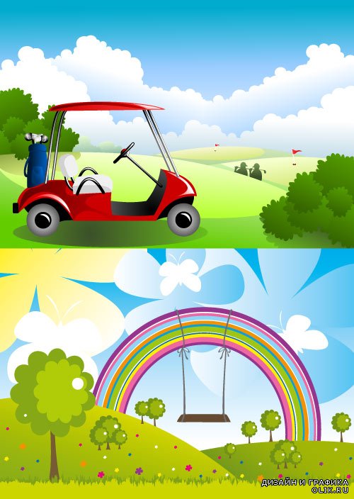 Rainbow backgrounds and golf car Фоны радуга и гольф машина (Вектор)