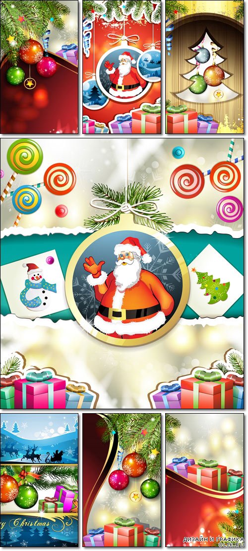 Wood background with Christmas balls and gifts and Santa - Vector