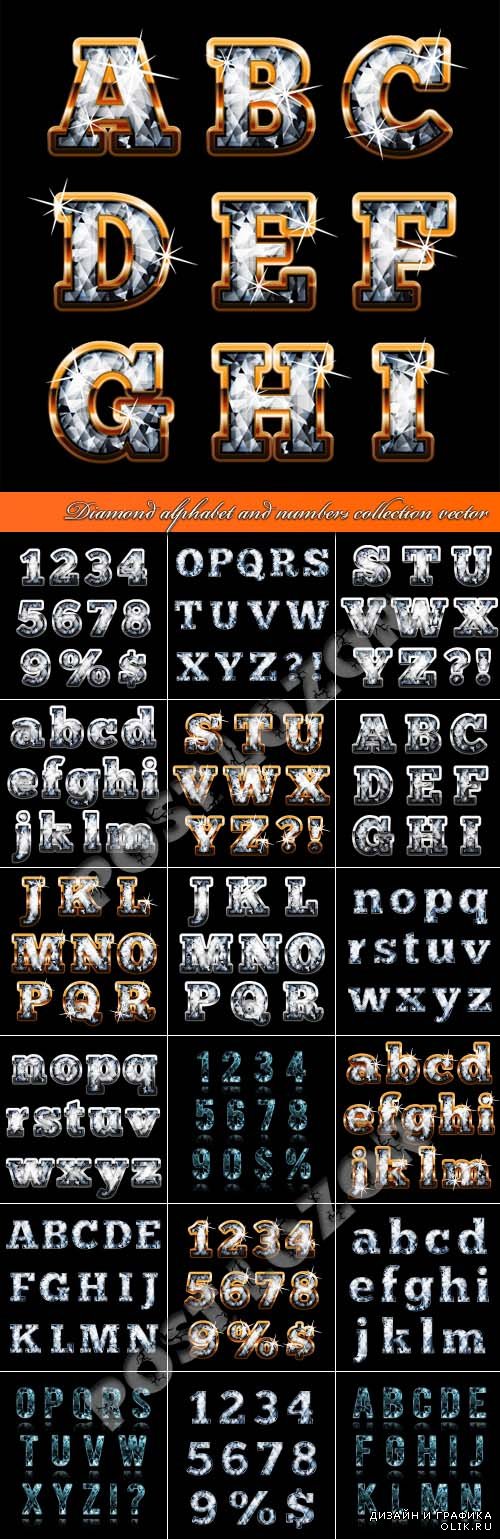 Diamond alphabet and numbers collection vector 