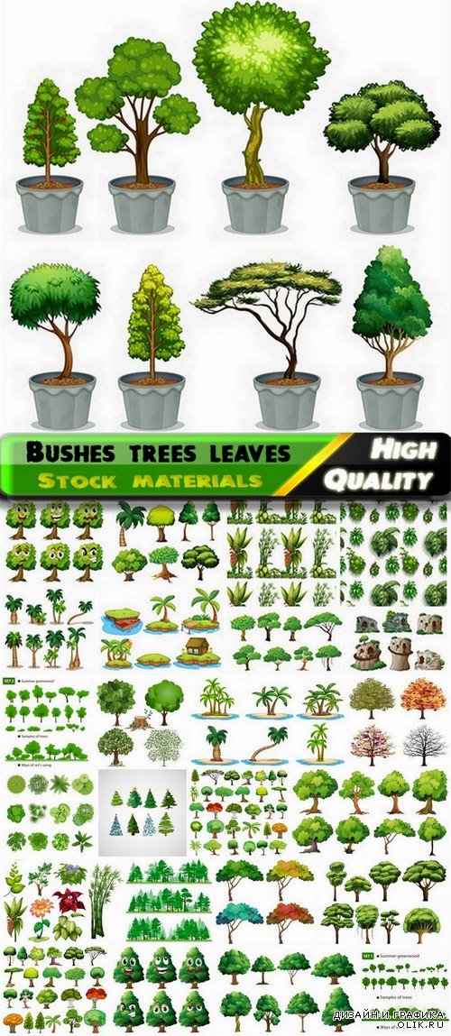 Bushes trees leaves and grass illustrations - 25 Eps