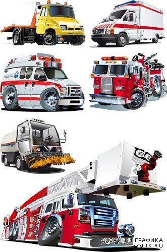Стилизованный транспорт: эвакуатор, скорая помощь, пожарная, мусоровоз, вышка