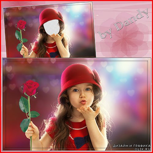 Шаблон для фотошоп - маленькая девочка с красной розой - вставить лицо