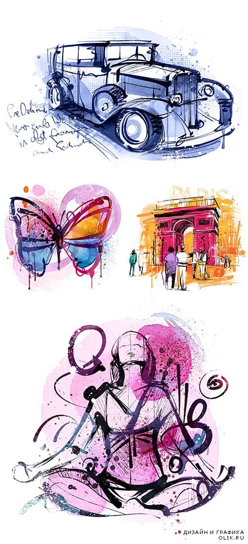 Картинки нарисованные рукой - Париж, авто, бабочки, Москва, птица, девушка, корабль и многое другое