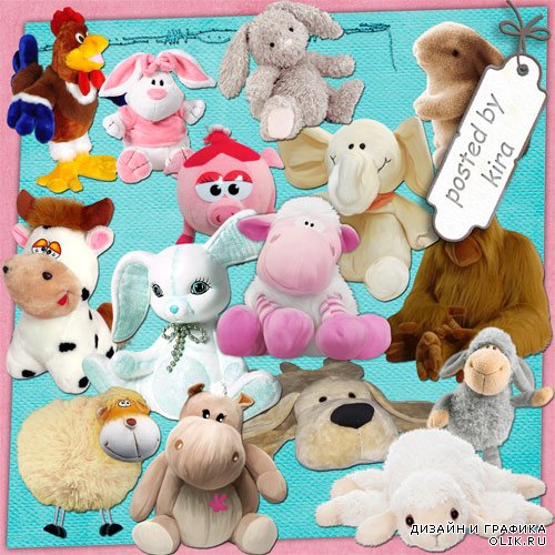 Плюшевые игрушки - зайчики, овечки, слоники, коровка и петух - на прозрачном фоне