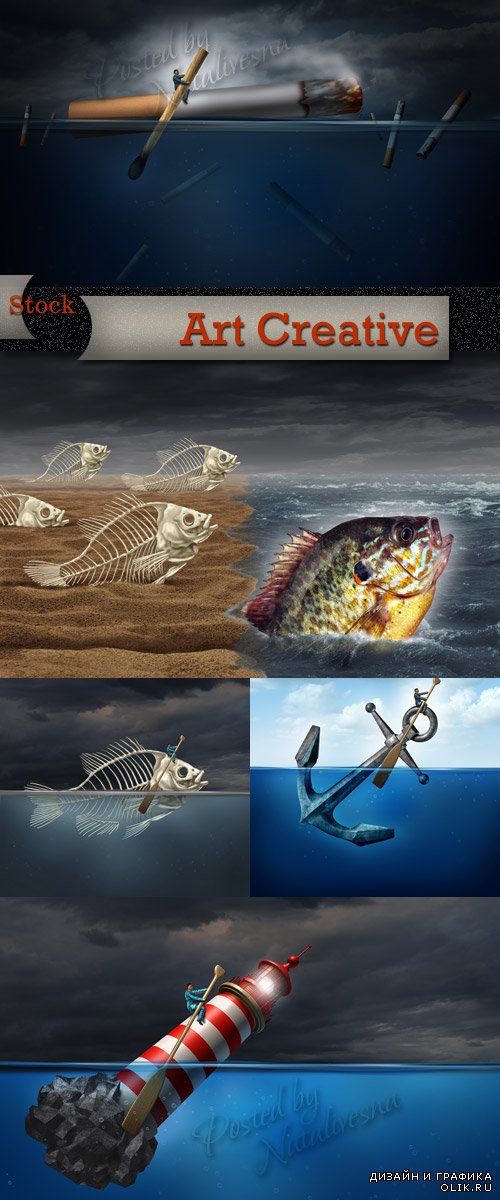 Арт Креатив на морскую тему - Скелет рыбы, якорь и маяк