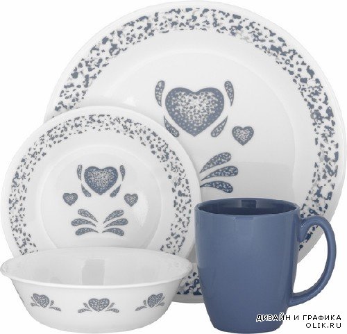 Набор посуды: Тарелка, чашка, миска (прозрачный фон)