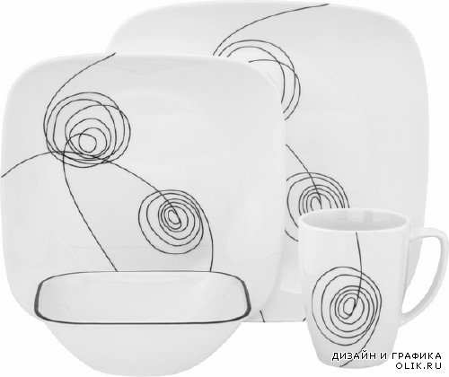 Набор посуды: Тарелка, чашка, миска (прозрачный фон)