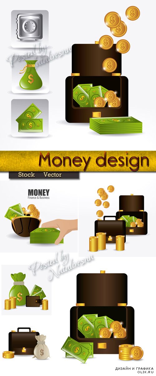 Элементы для Дизайна – Деньги, кошелек, сейф и монеты