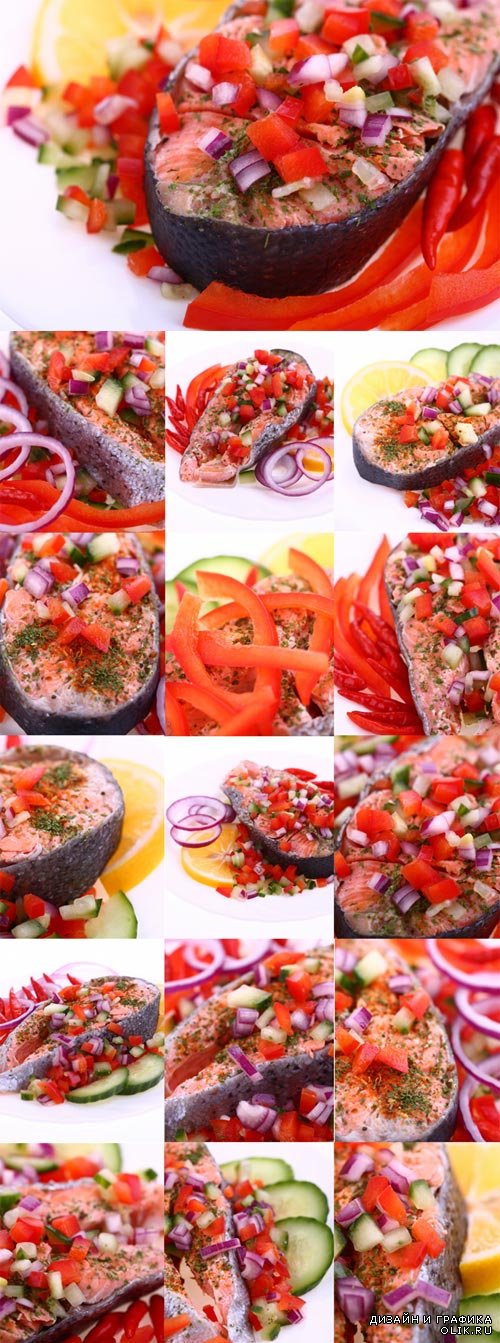 Жареная рыба со специями и овощами - фотоклипарт. Fried fish with spices and vegetables Raster Graphics