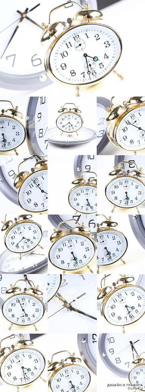 Настенные часы и будильник на белом фоне - фотоклипарт. Wall clock and alarm clock on a white background