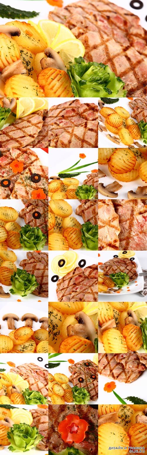 Мясо на гриле с картофелем, овощами и грибами - фотоклипарт