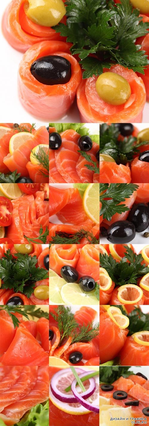 Красная рыба с оливками, лимоном и овощами фото. Red fish with olives, lemon and vegetables