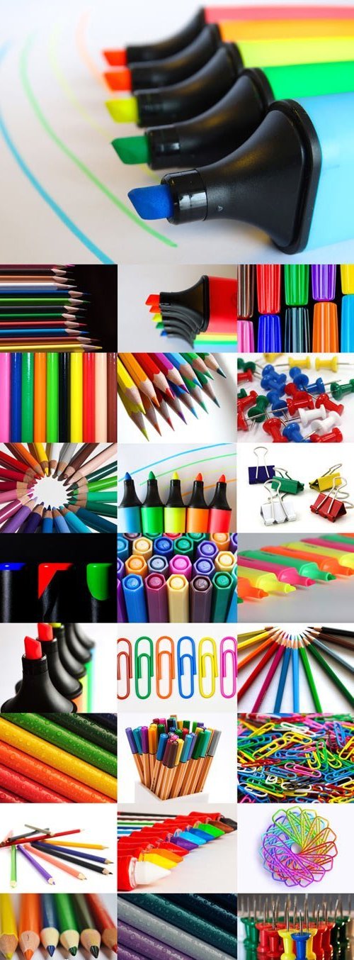 Картинки - цветные карандаши, фломастеры, маркеры, скрепки и кнопки