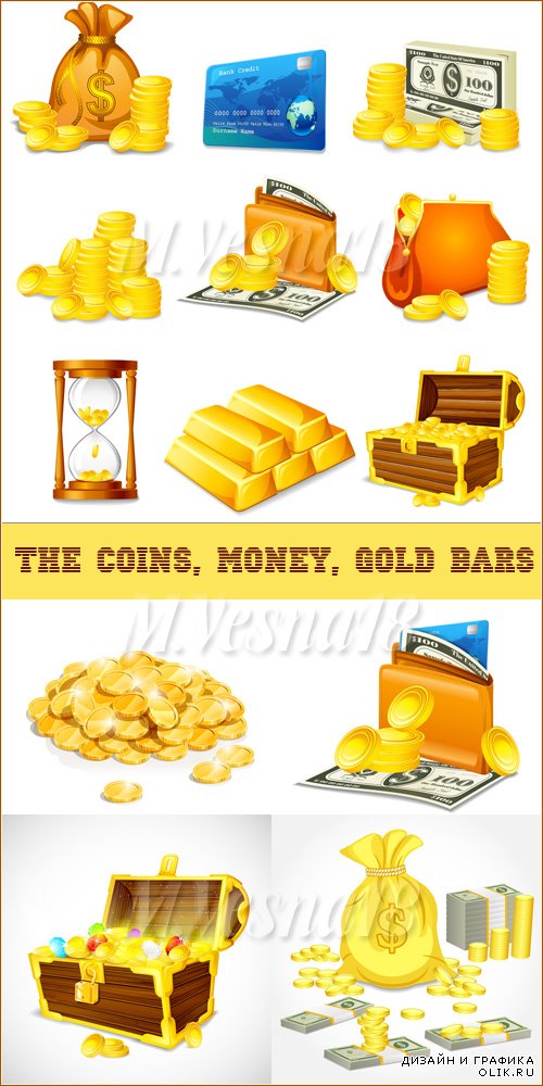 Золотые слитки, монеты, деньги - векторный клипарт
