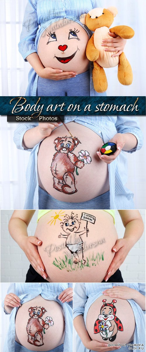 Мишка, божья коровка и колобок - Боди-арт на животе беременной женщины