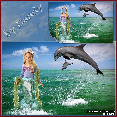 Шаблон для фотошопа - Русалочка с дельфинами