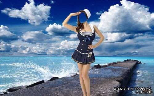  Шаблон psd - В костюме морячки на берегу моря 