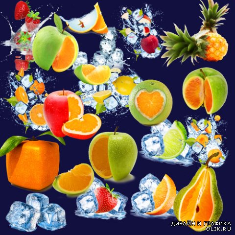 Клипарт PNG на прозрачном фоне - Стилизованные фрукты и лёд