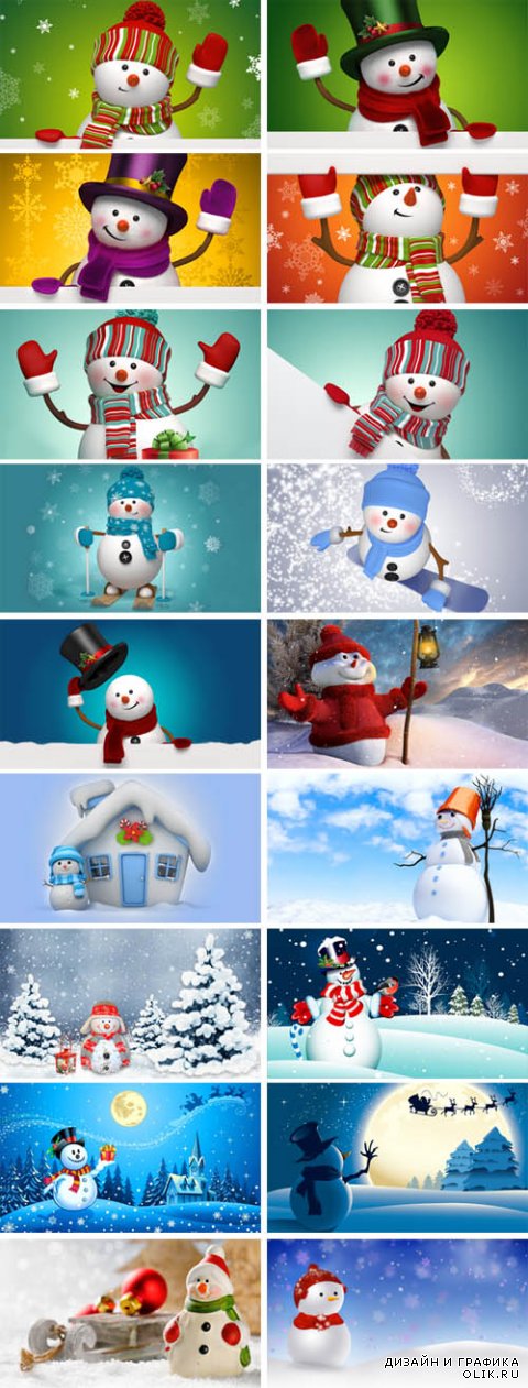 Картинки - забавные снеговики, в шапках, шарфах и варежках