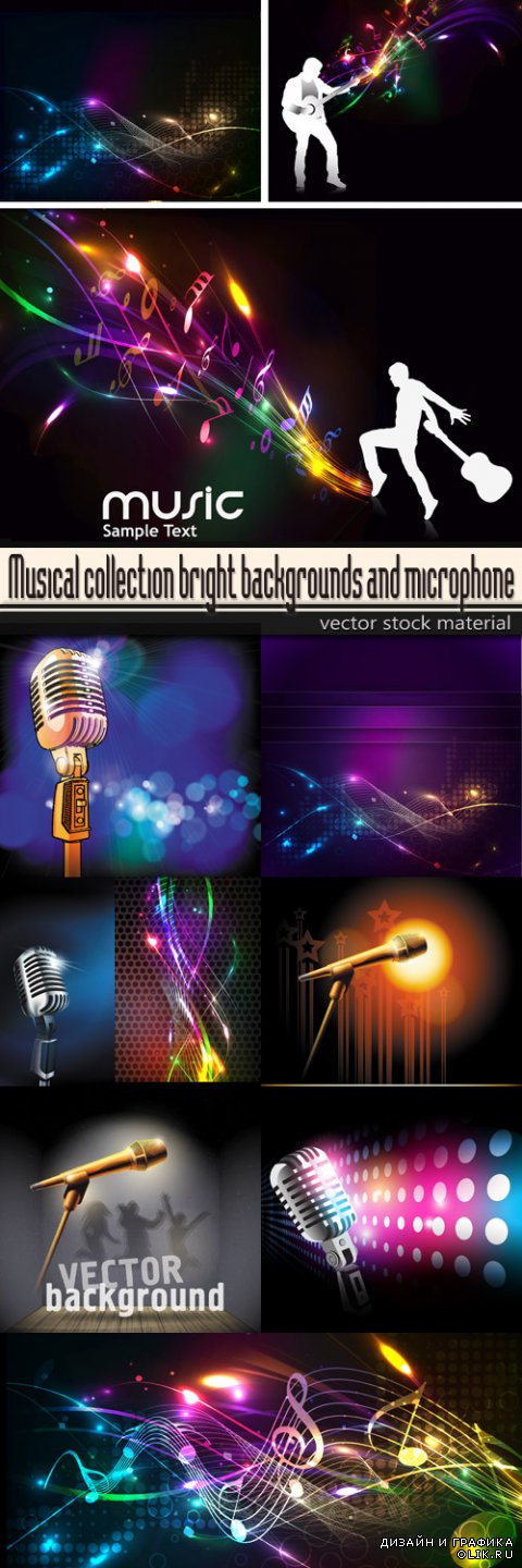 Musical collection bright backgrounds and microphone