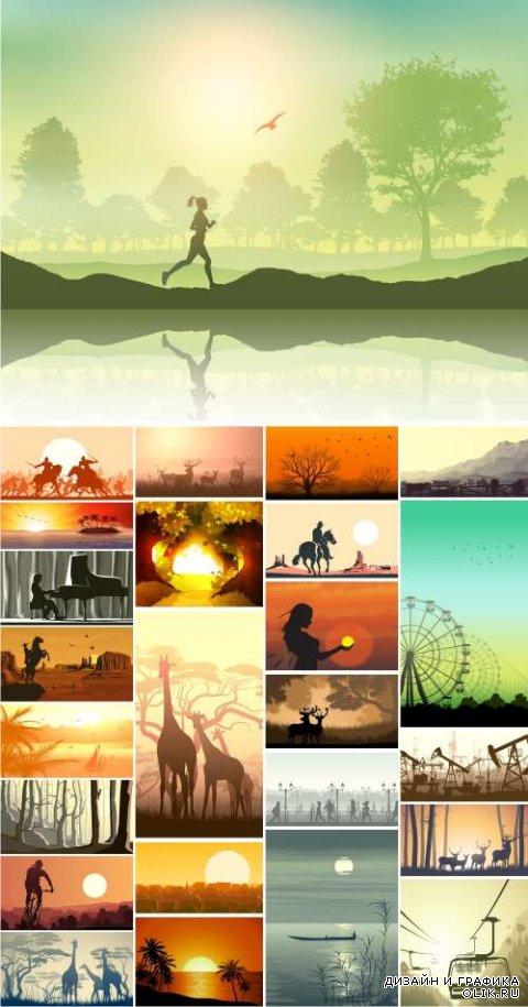 People Silhouettes on Beautiful Landscape. Sunset, Industry, Elkwood, forest, Sunhorn - 25x EPS