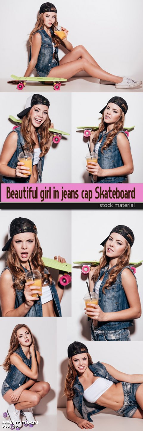 Beautiful girl in jeans cap Skateboard