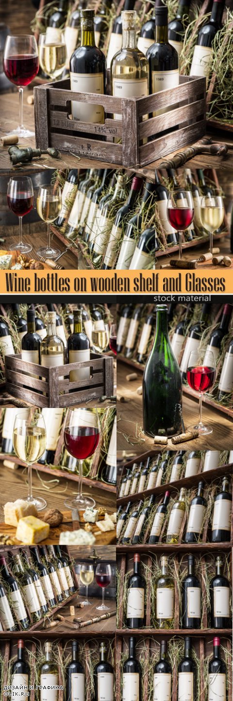 Wine bottles on wooden shelf and Glasses
