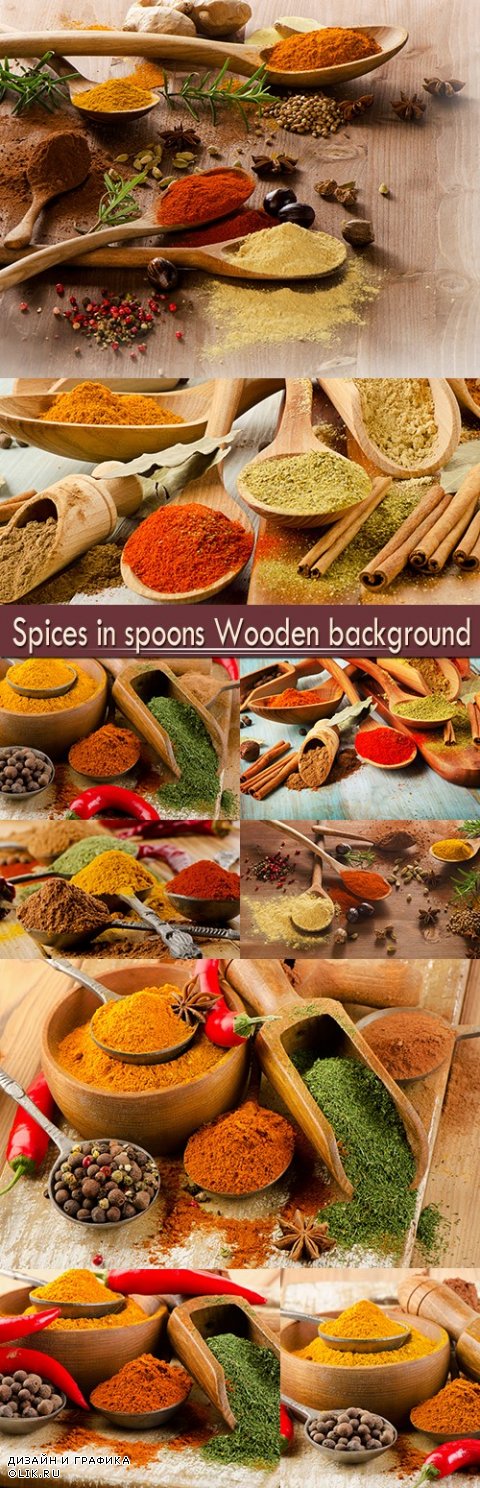 Spices in spoons Wooden background
