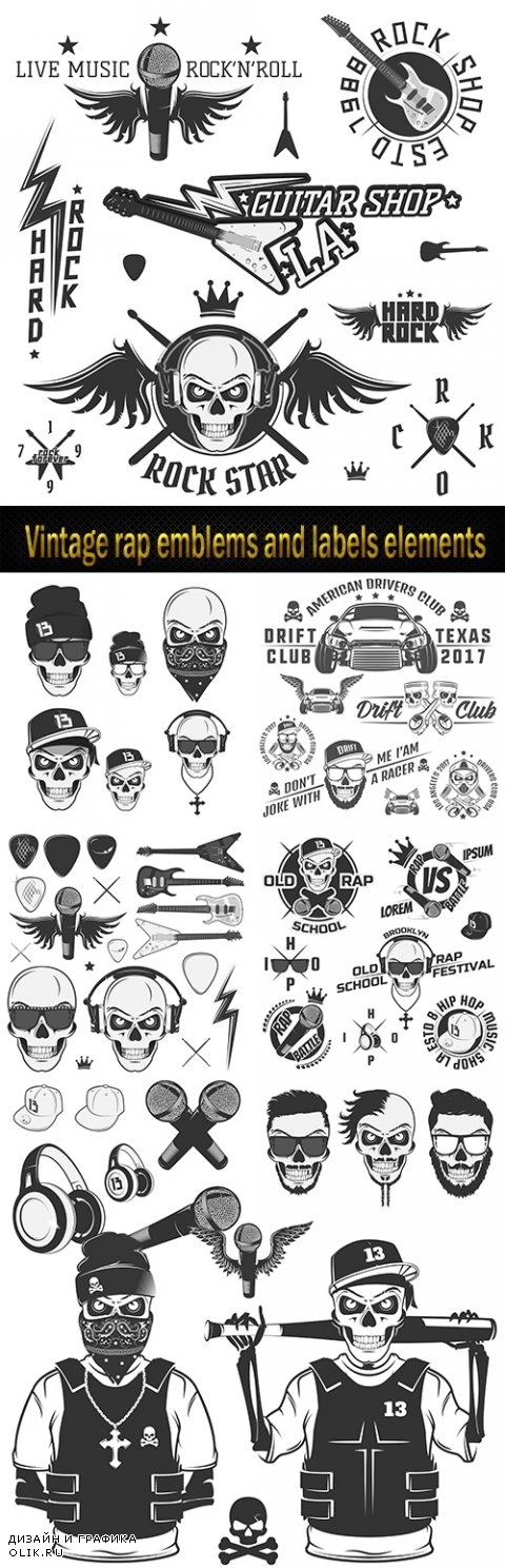 Vintage rap emblems and labels elements