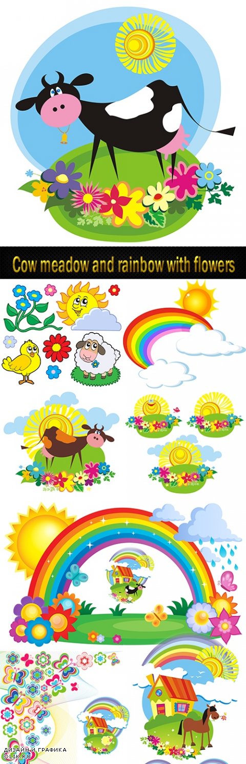 Cow meadow and rainbow with flowers