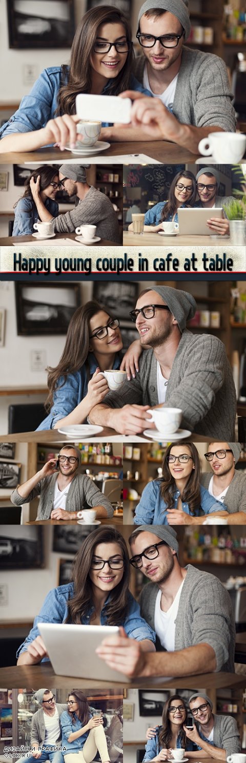 Happy young couple in cafe at table
