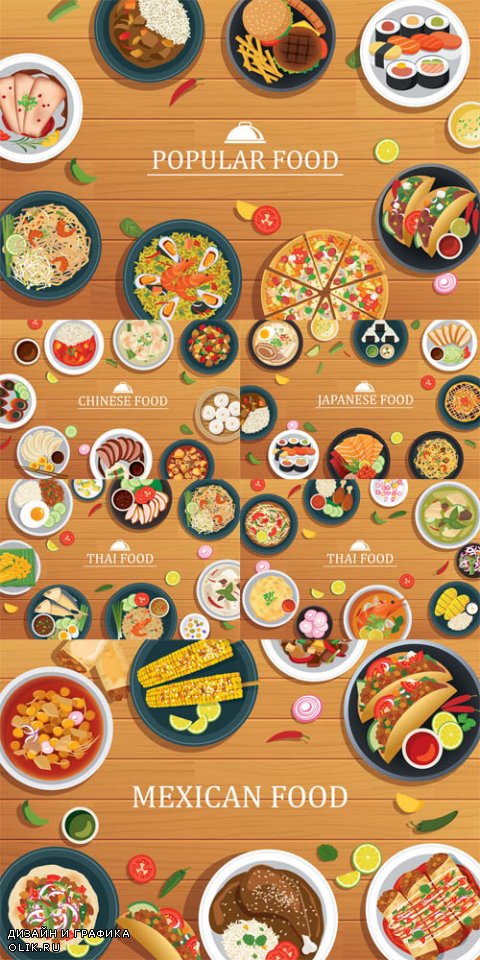 Vector Popular Food on a Wooden Background