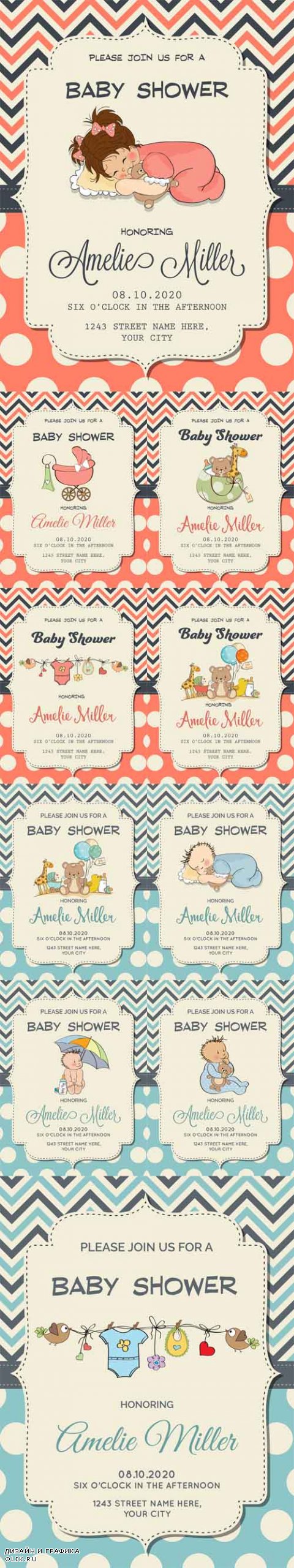 Vector Beautiful Baby Boy and Girl Shower Cards