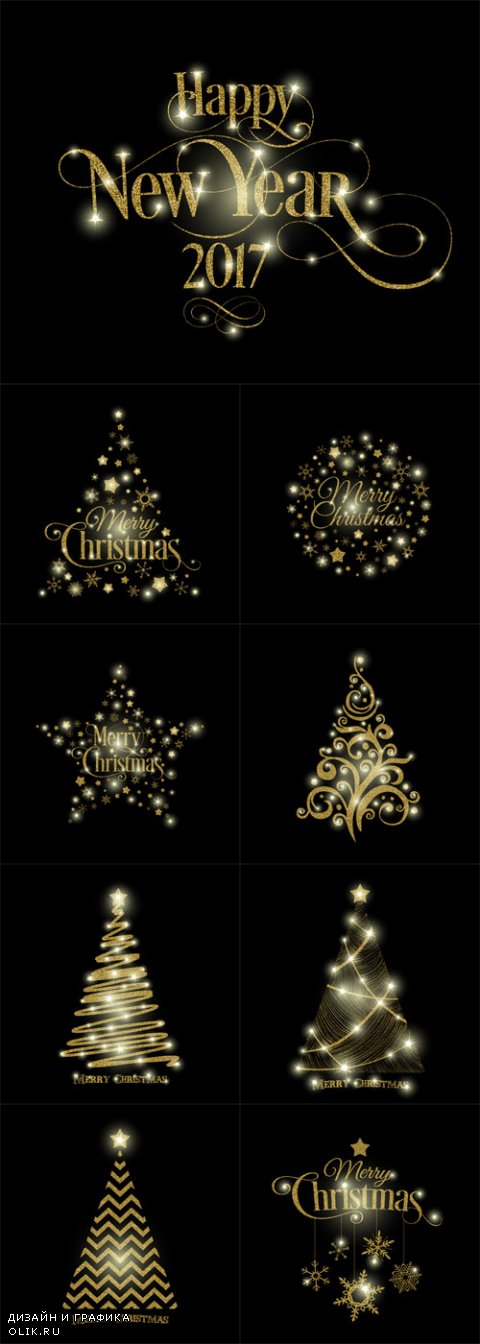 Vector Golden Merry Christmas, Happy New Year and Tree