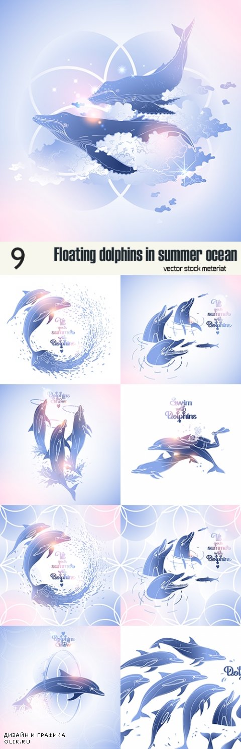 Плавающие дельфины в океане - векторные иллюстрации