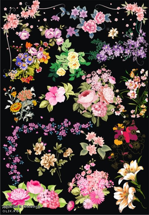 Цветы: рисованный клипарт на прозрачном фоне, 57 png.
