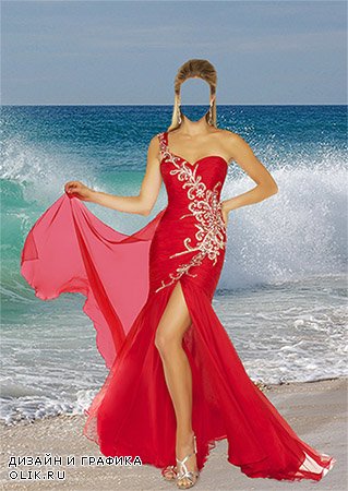 Женский фотошаблон - На пустынном пляже в красном платье
