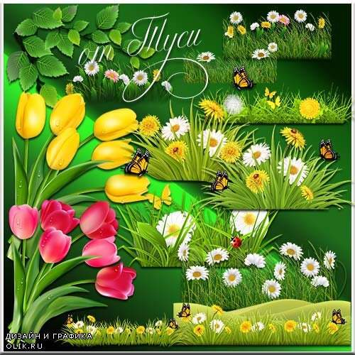 Цветы, бабочки, трава - Клипарт