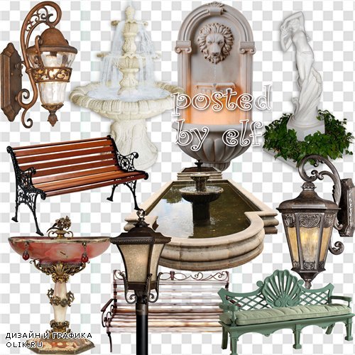 Клипарт в png - колодцы, фонтаны, скамейки, фонари
