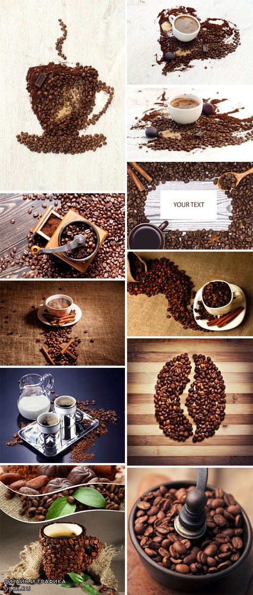 Кофе и кофейные зерна, на столе, чашки, молоко и кофе