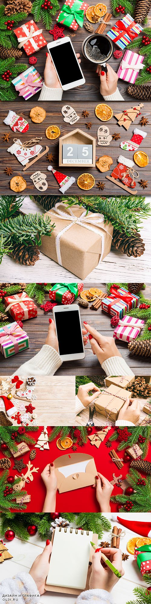 Christmas hand with gifts and iPhone decorative composition