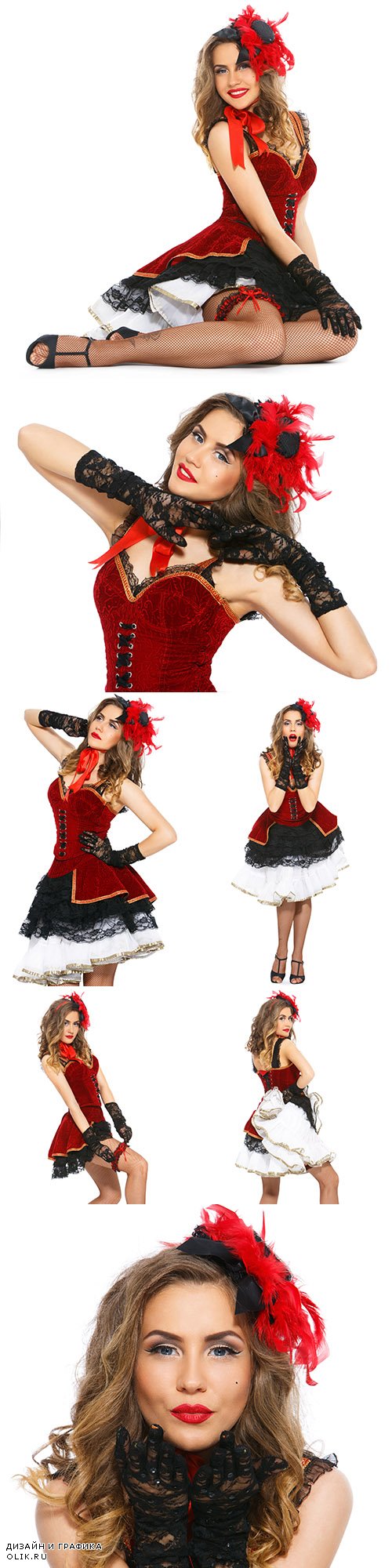Trendy y girl in red cabaret dance dress