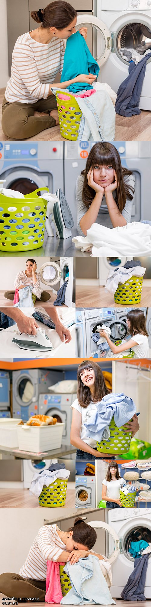 Young girl with laundry basket in laundry room