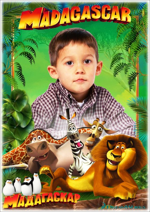 Детская рамка для фотошопа - Любимые сказочные герои мультфильмов 15. Мадагаскар