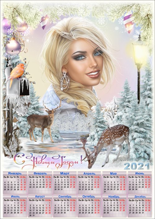 Новогодний календарь на 2021 год с рамкой для фото - Сверкающий иней