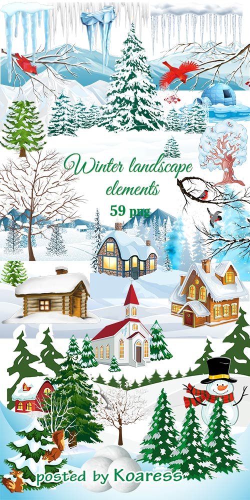 Нарисованные элементы зимнего пейзажа - горы, поля, дома, деревья, снег на прозрачном фоне