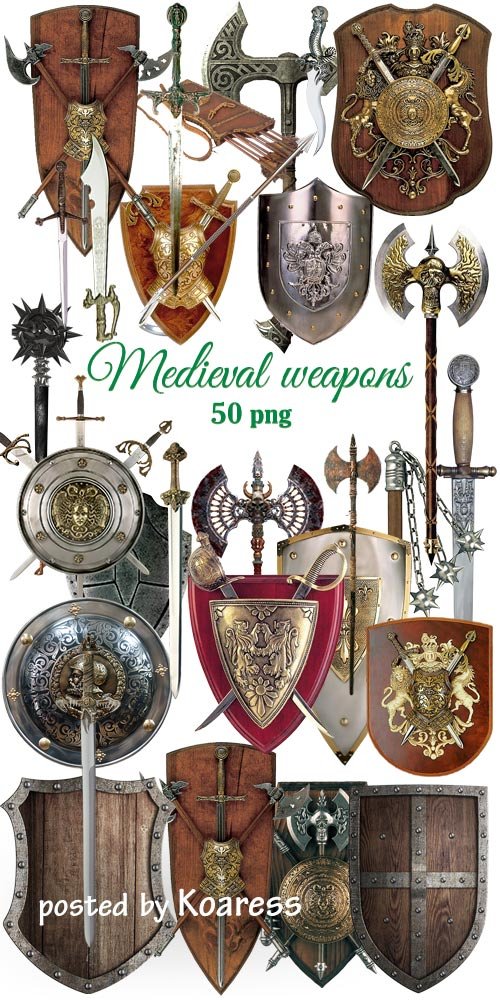 Клипарт в PNG - Щиты, мечи, алебарды, копья и другое средневековое оружие